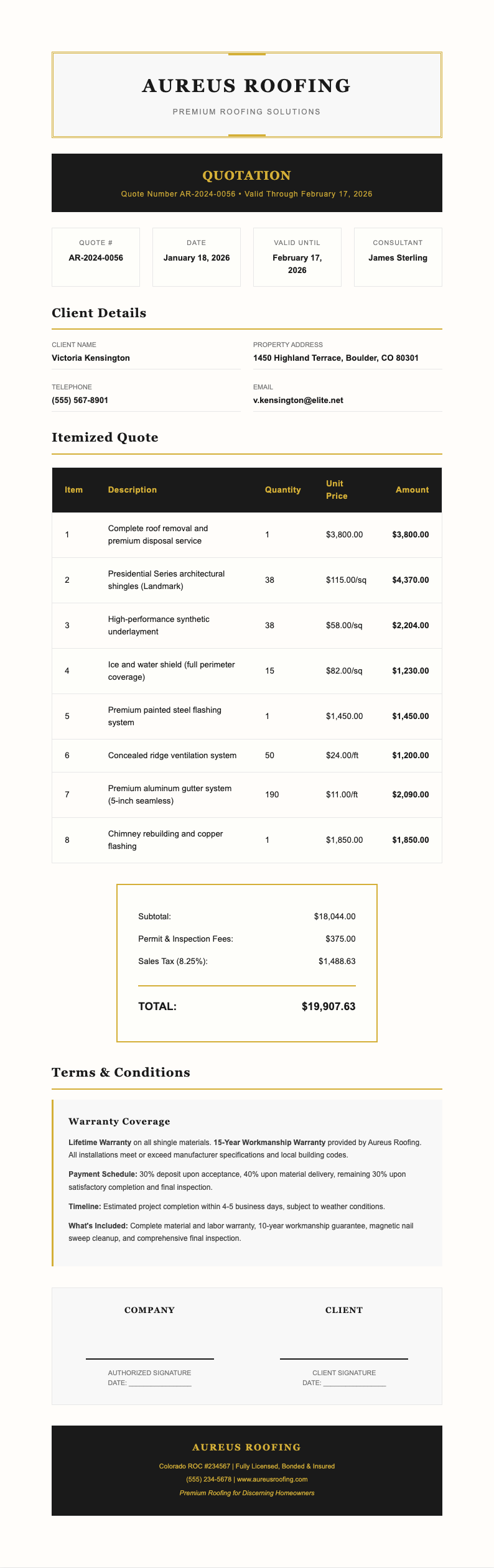 Premium gold roofing quotation